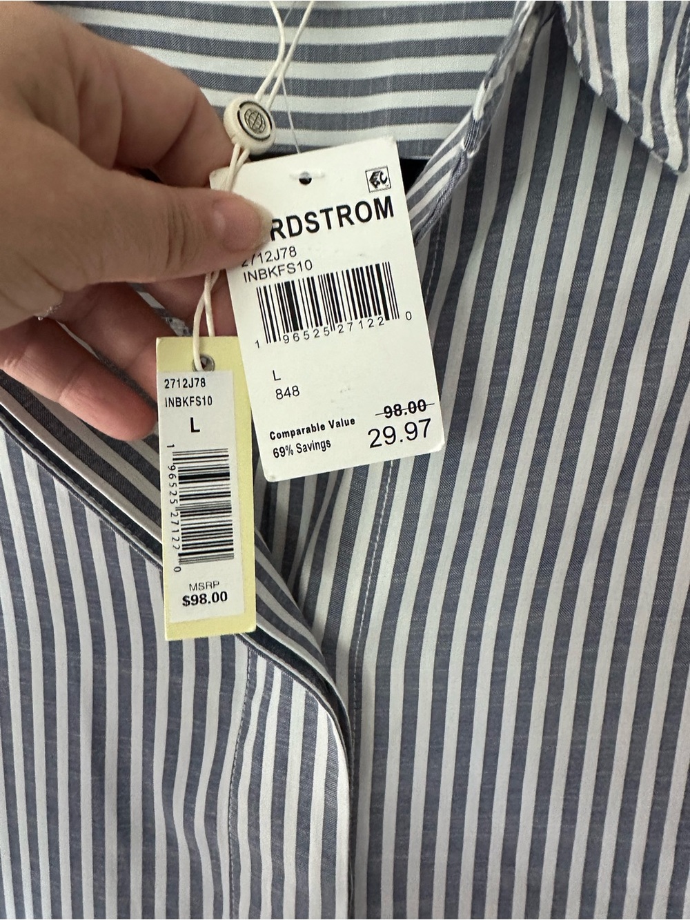 Max Studio Grey and White Vertical Stripe Roll-Tab Blouse - Picture 6 of 6